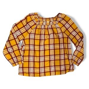 Old Navy Yellow Red White Plaid Peasant Blouse Smocked Neck Top Sz S Cottagecore